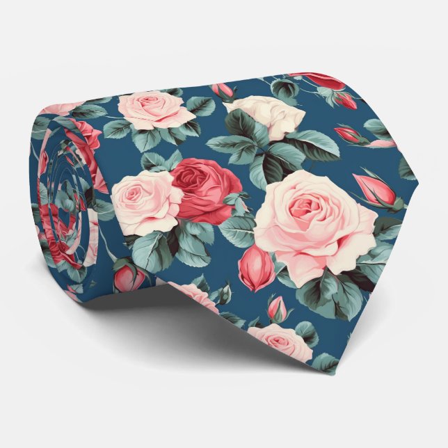 pink and red roses pattern tie (Rolled)
