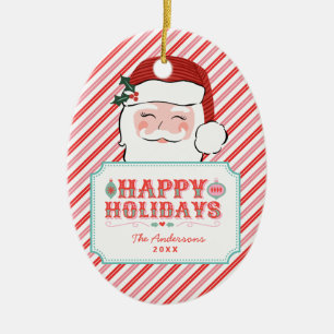 Pink and Red Santa Happy Holidays Ceramic Ornament