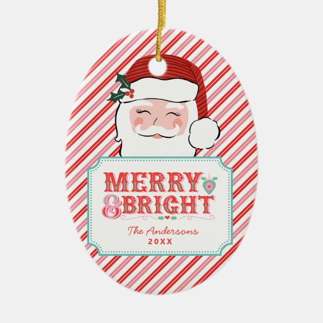 Pink and Red Santa | Merry & Bright  Ceramic Ornament (Front)