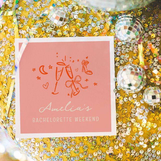 Pink and Red Sketch Bachelorette Weekend Party Napkin (Pink and red hand drawn sketch girly icon illustrations bachelorette party napkins.)