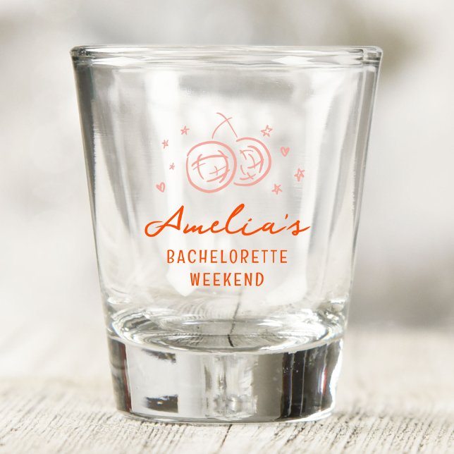 Pink and Red Sketch Bachelorette Weekend Party Shot Glass (Pink and red hand drawn sketch illustrations bachelorette party shot glass.)