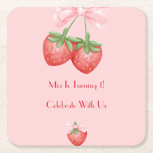 Pink and Red strawberries birthday  Square Paper Coaster (Front)