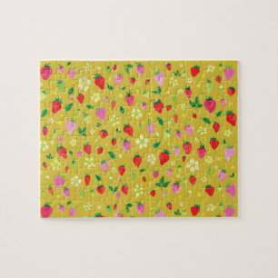 Pink and Red Strawberry Fields on Chartreuse Jigsaw Puzzle
