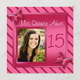 Pink and Red Stripe Photo Quinceañera Invitation