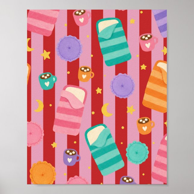 Pink and red striped card with sleepover pattern poster (Front)