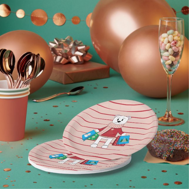 Pink and red striped paper plates with polar bear (Multi)
