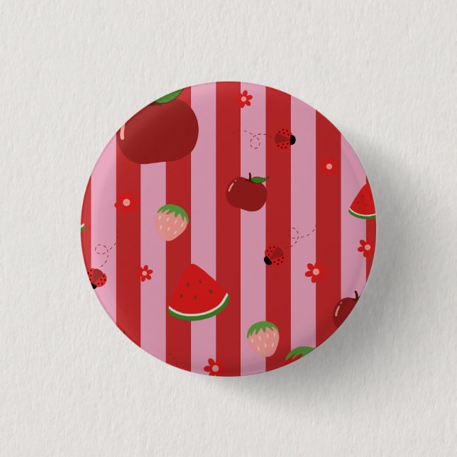 Pink and red stripes, with a fruity pattern 1 inch round button (Front)
