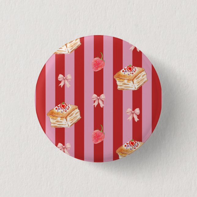 Pink and red stripes with cake pattern 1 inch round button (Front)