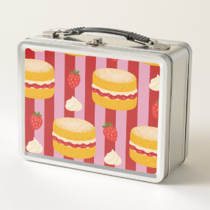 Pink and red stripes with cake pattern metal lunch box