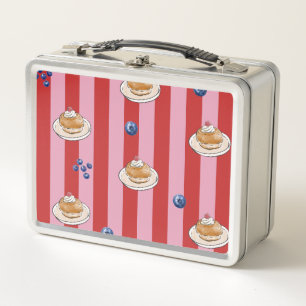Pink and red stripes with cake pattern metal lunch box
