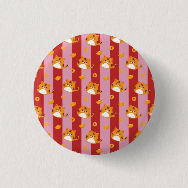 Pink and red stripes with cat pattern  1 inch round button (Front)
