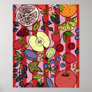 Pink and red stripes with colourful fruit poster