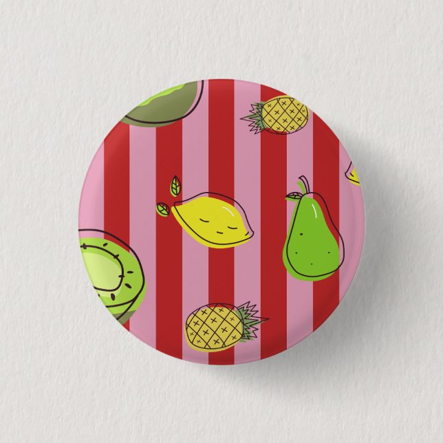 Pink and red stripes with fruit pattern 1 inch round button (Front)