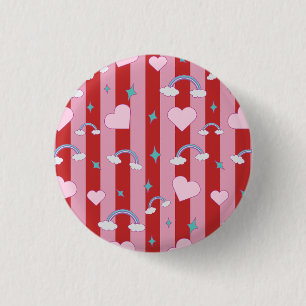 Pink and red stripes with rainbows and hearts 1 inch round button