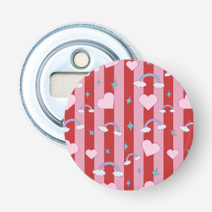 Pink and red stripes with rainbows and hearts bottle opener