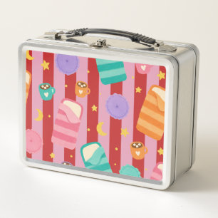 Pink and red stripes with sleepover pattern metal lunch box