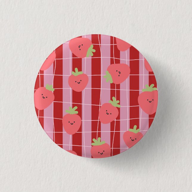 Pink and red stripes, with strawberries 1 inch round button (Front)