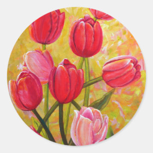Pink and Red Tulips Painting   Classic Round Sticker