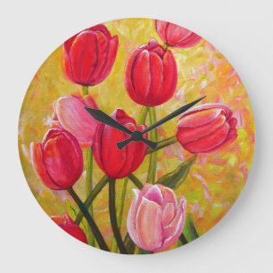 Pink and Red Tulips Painting  Large Clock