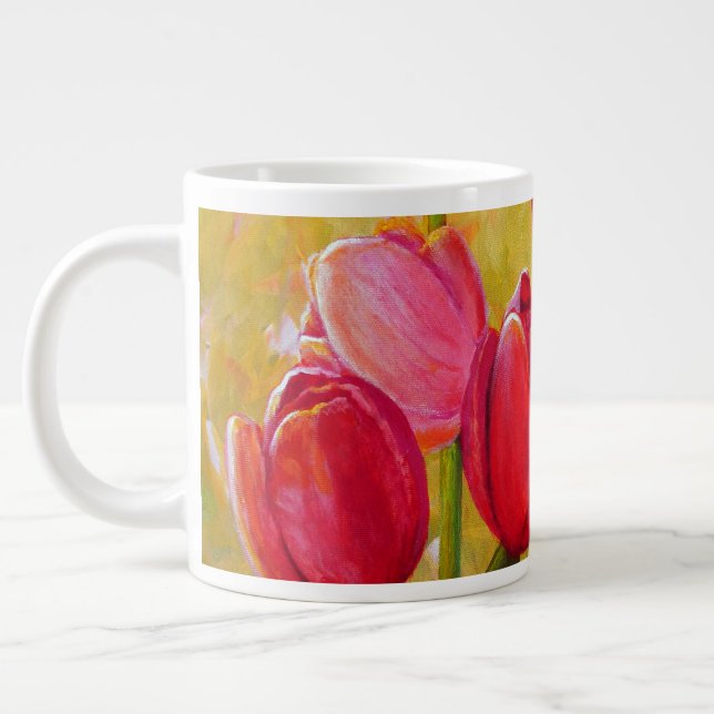 Pink and Red Tulips Painting Large Coffee Mug (Left)
