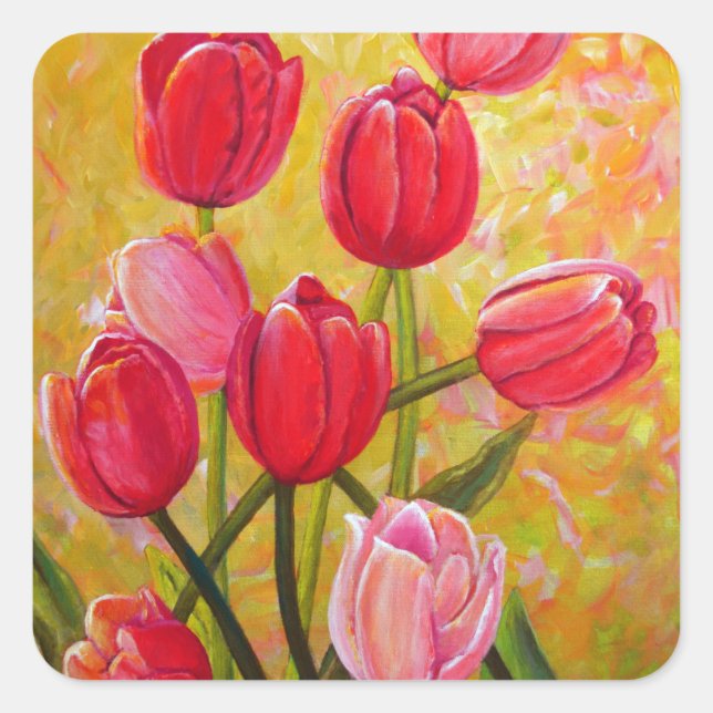 Pink and Red Tulips Painting   Square Sticker (Front)