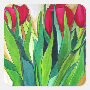 pink and red tulips watercolor art square sticker