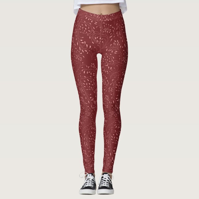 Pink and Red Vine and Leaf Pattern Leggings (Front)