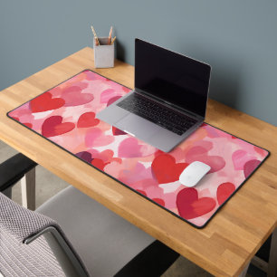 Pink and Red Watercolor Hearts Romantic Coquette Desk Mat