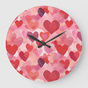 Pink and Red Watercolor Hearts Romantic Coquette Large Clock