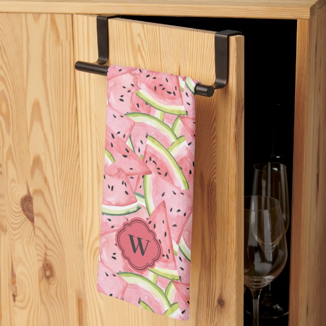 Pink and Red Watermelon Pattern with Monogram Kitchen Towel (Thirds Fold)