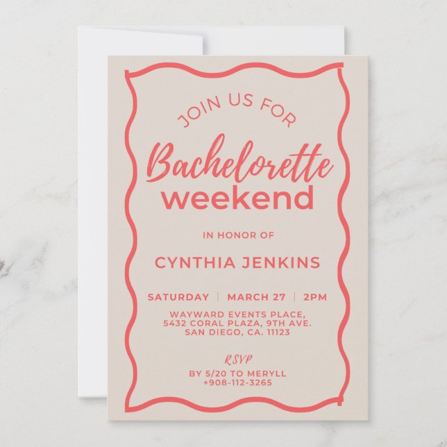 Pink and Red Wave Bachelorette Weekend Itinerary  Invitation (Front)