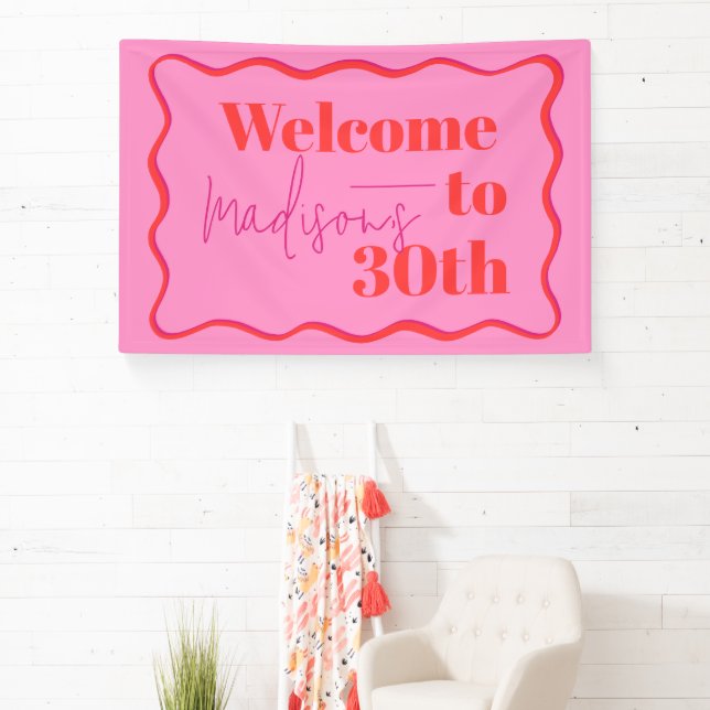 Pink and Red Wavy Border 30th Birthday Banner (Insitu)
