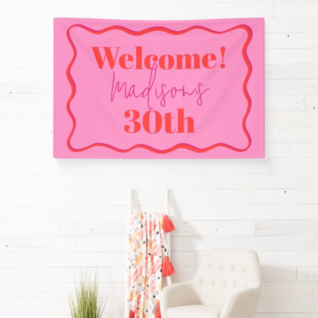 Pink and Red Wavy Border 30th Birthday Banner (Insitu)