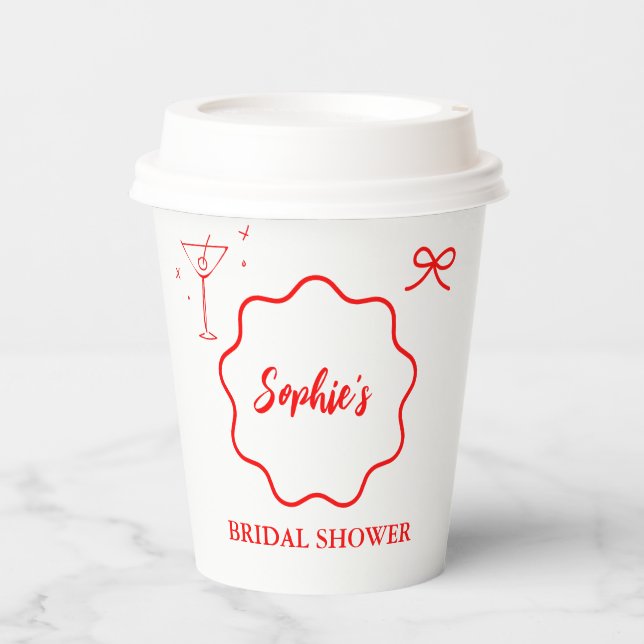 Pink and Red Wavy Retro Border Bridal Shower Paper Cups (Front)