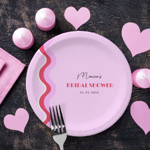 Pink and Red Wavy Retro Seventies Bridal Shower Paper Plate