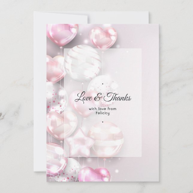 Pink and Rose Gold Balloons Thank You Card (Front)
