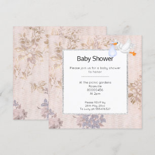 PINK AND ROSE GOLD BLUE MODERN STORK BABY SHOWER INVITATION