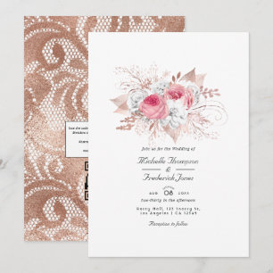 Pink and Rose Gold Floral and Lace QR Code Wedding Invitation