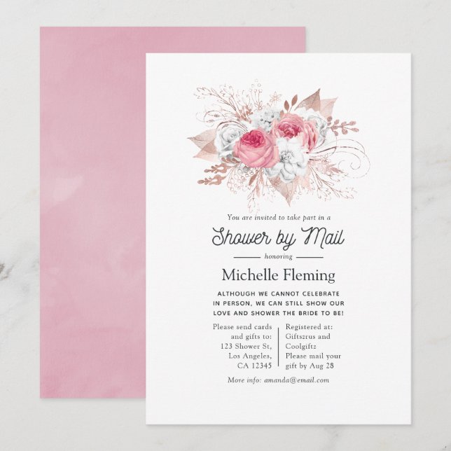 Pink and Rose Gold Floral Bridal Shower by Mail Invitation (Front/Back)
