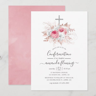 Pink and Rose Gold Floral Confirmation Invitation