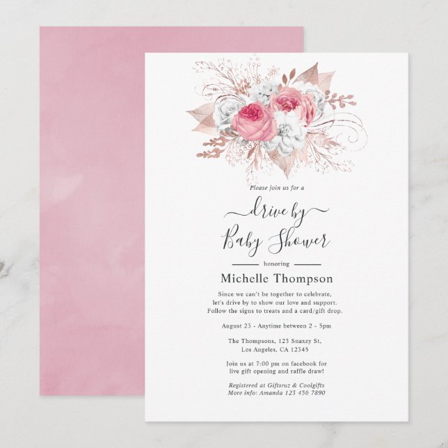 Pink and Rose Gold Floral Drive By Shower Invitation (Front/Back)