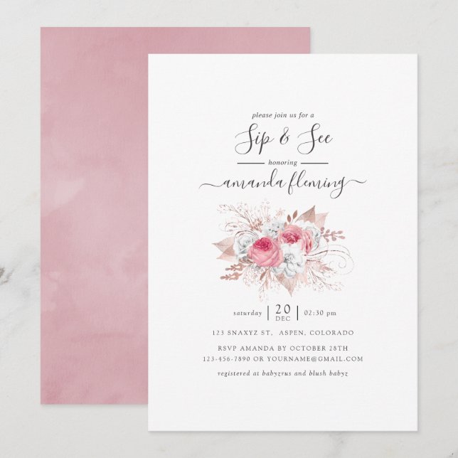 Pink and Rose Gold Floral Sip and See Invitation (Front/Back)