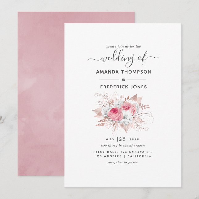 Pink and Rose Gold Floral Wedding Invitation (Front/Back)