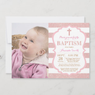 Pink and Rose Gold Pink Glitter Baptism Invitation