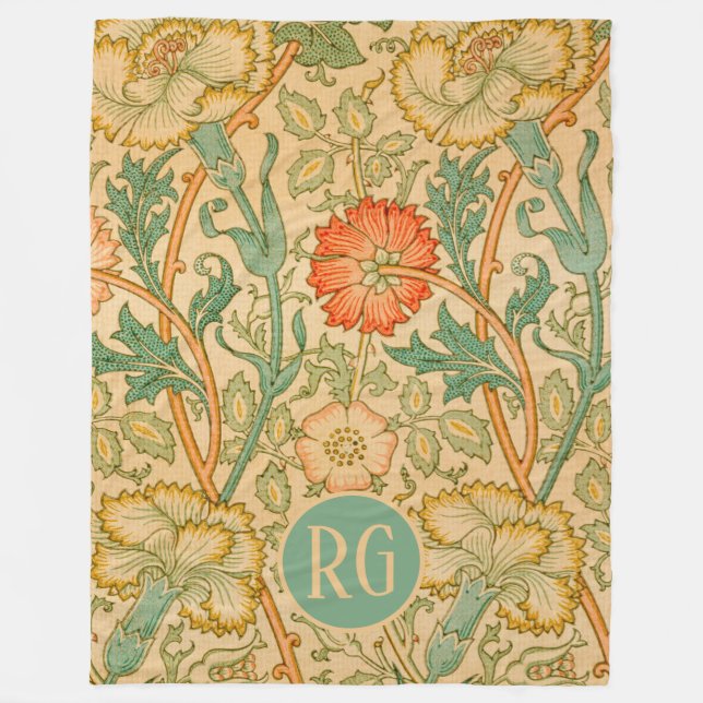 Pink and Rose William Morris Monogram Personalized Fleece Blanket (Front)