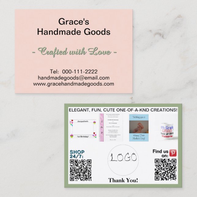 Pink and Sage Business Photos QR Codes 3.5 x 2.5 Business Card (Front/Back)