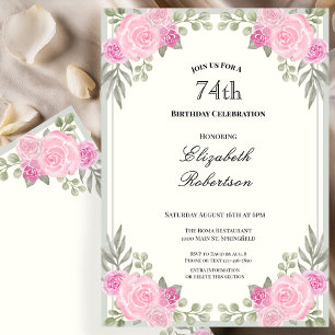 Pink and Sage Green Floral 74th Birthday Invitation