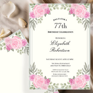 Pink and Sage Green Floral 77th Birthday Invitation