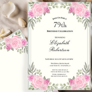Pink and Sage Green Floral 79th Birthday Invitation