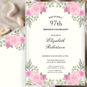 Pink and Sage Green Floral 97th Birthday Invitation